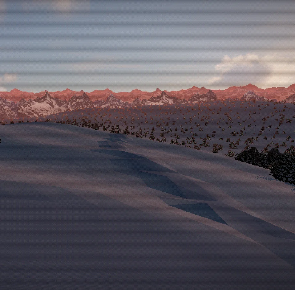 A winding ski trail beneath a winter sunset