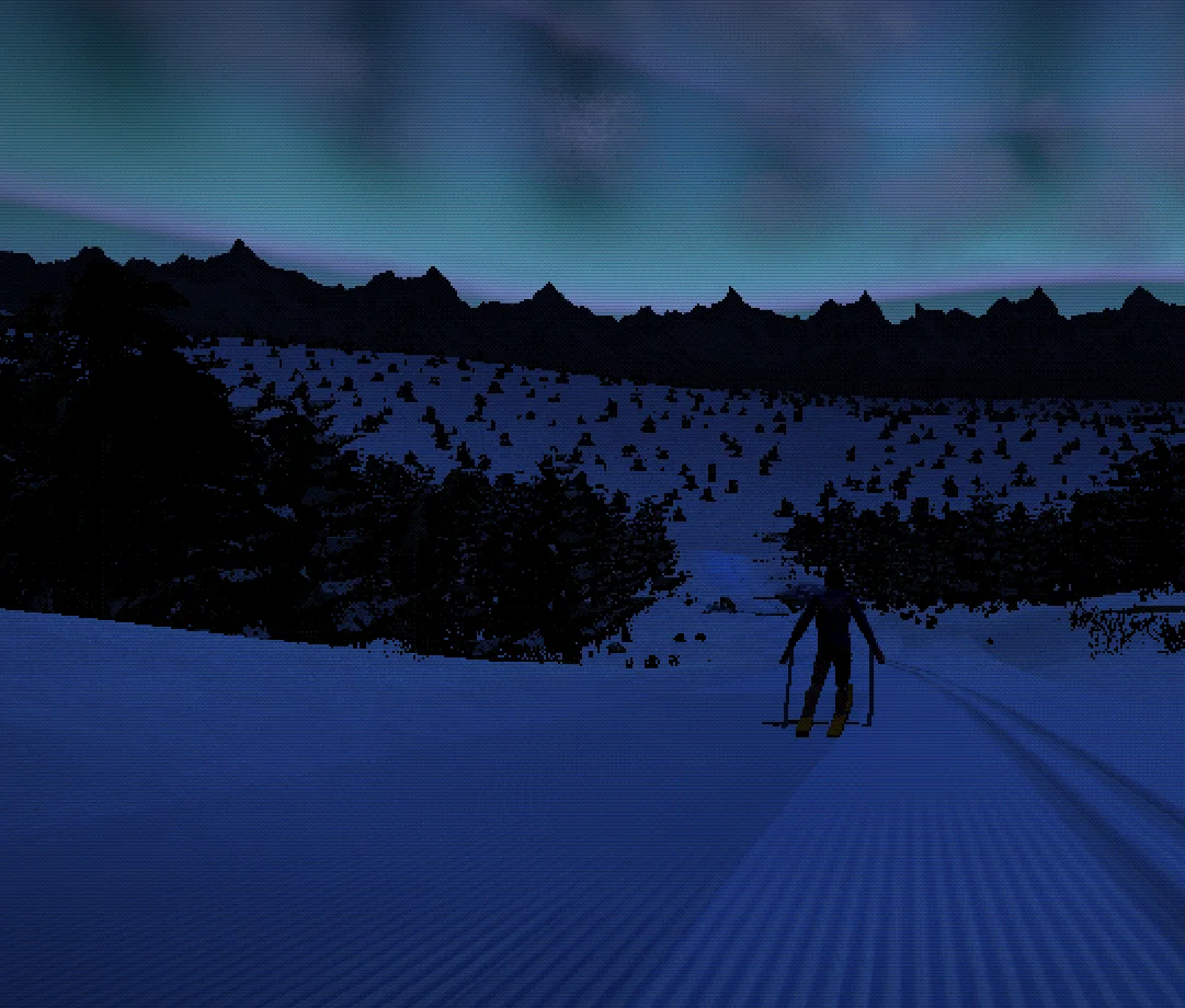 A skier descending through an aurora-lit winter landscape